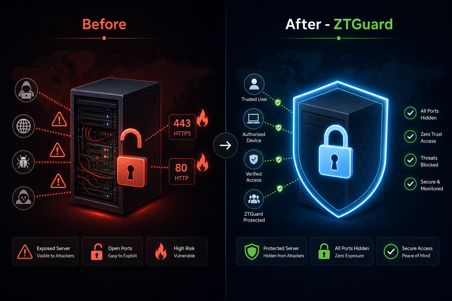 Before ZTGuard: exposed server with open ports and attack vectors. After ZTGuard: server hidden, all ports closed, zero exposure.